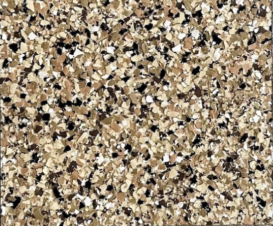 Saddle Tan epoxy flake floor color sample with tan, beige, cream, brown, white, and black flakes.